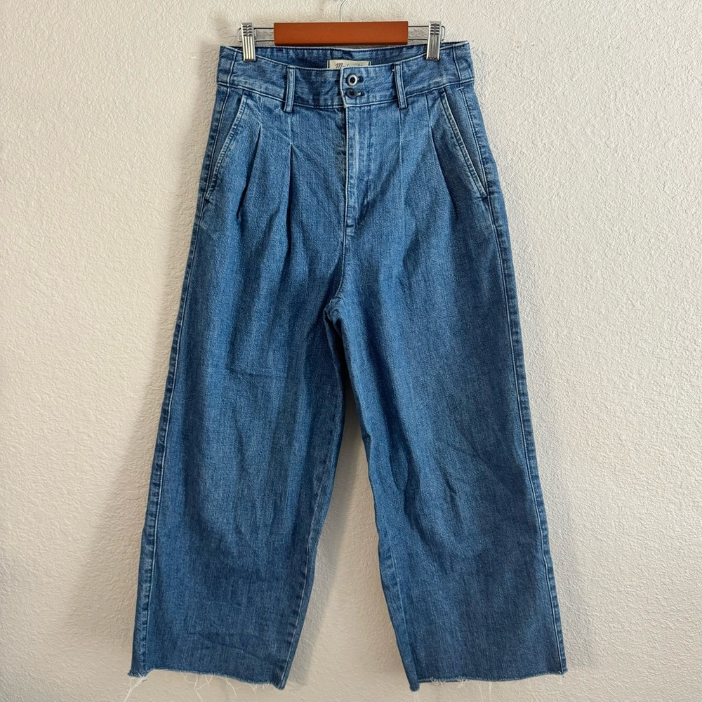 Madewell Womens Wide Leg High Rise Pleated Raw Hem Medium Wash Denim Jeans 0